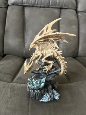 10"H Gothic Skeleton Bone Dragon Perching On Crystal Cavern Statue Ghost Drake